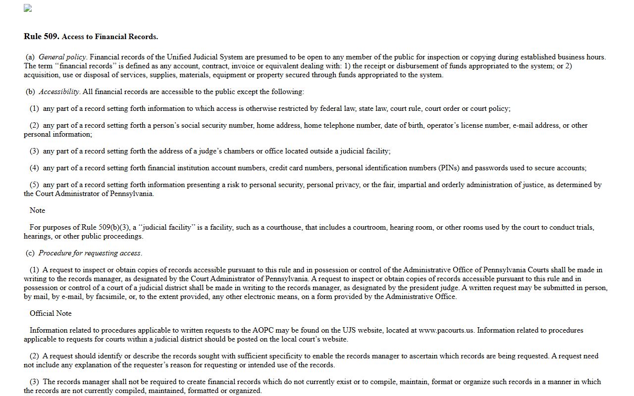 Juniata County arrest records and court charges Pa.R.J.A. 509 financial records access