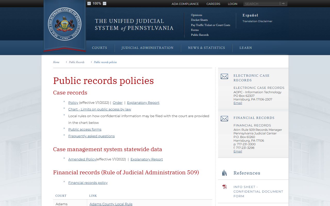 Juniata County court records public access policies on Pennsylvania courts website