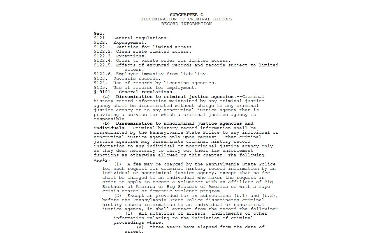 Juniata County criminal court records criminal history dissemination statute