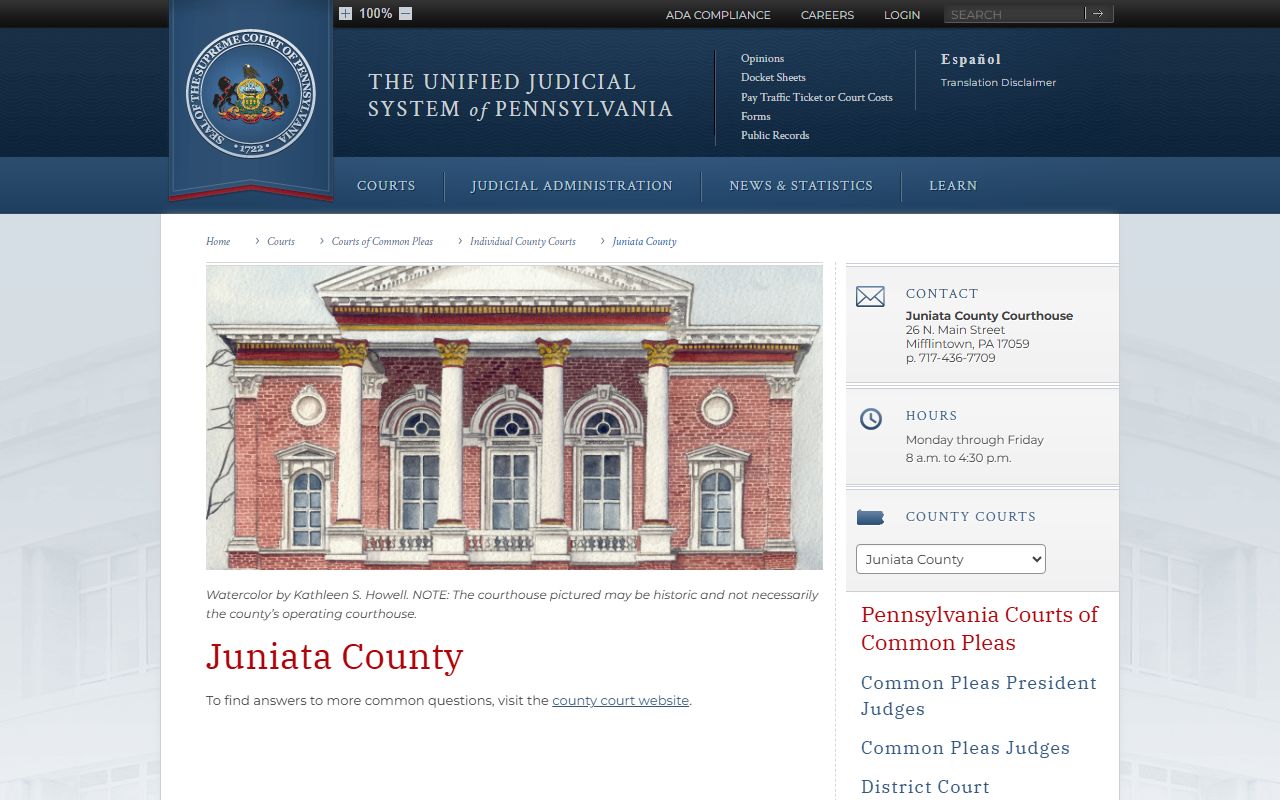 Juniata County Court of Common Pleas case lookup page