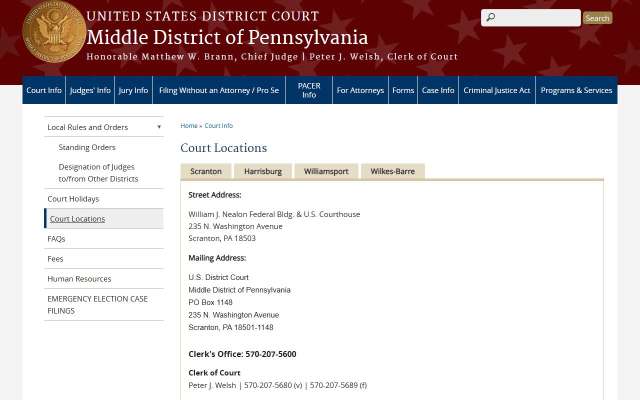 Juniata County Court of Common Pleas compared with Middle District federal court locations