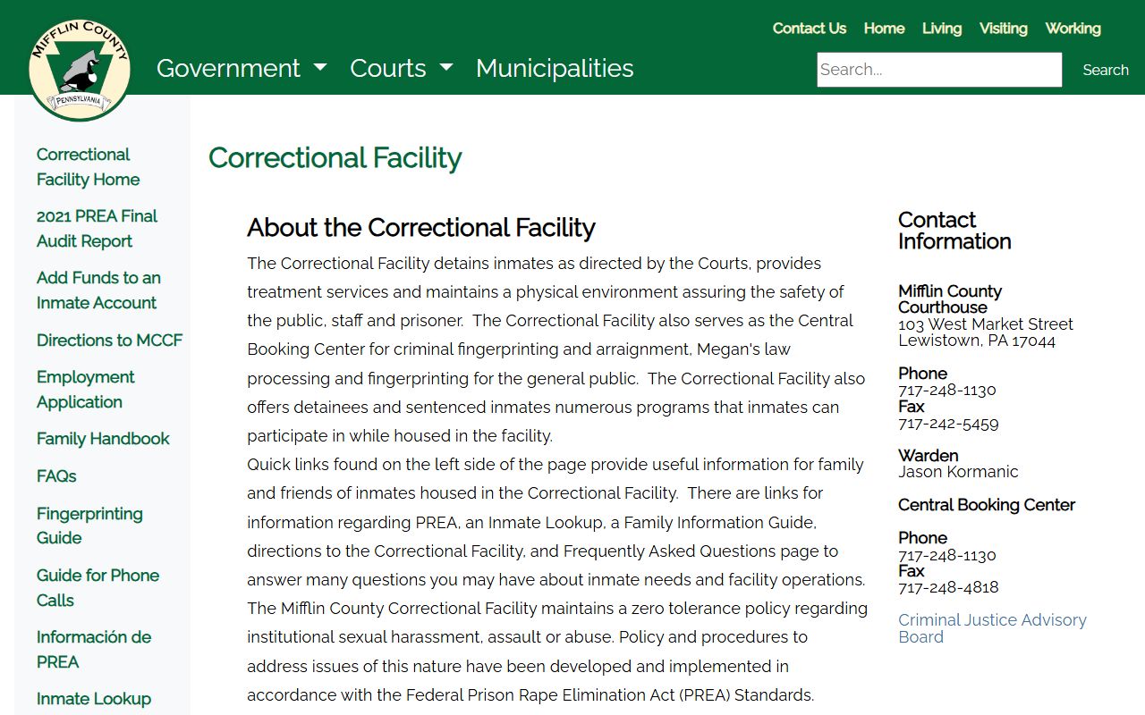 Juniata County inmate records Mifflin County Correctional Facility