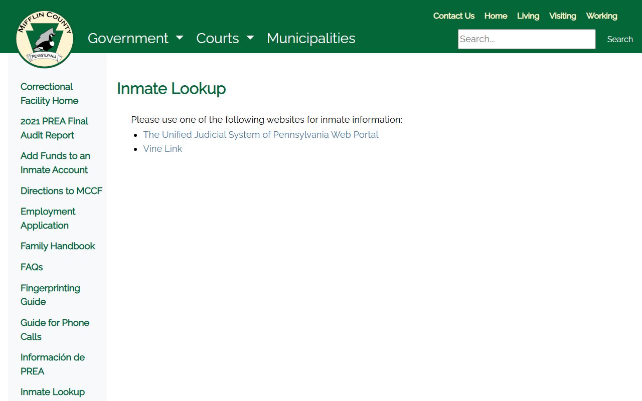 Juniata County inmate records Mifflin County inmate lookup channels