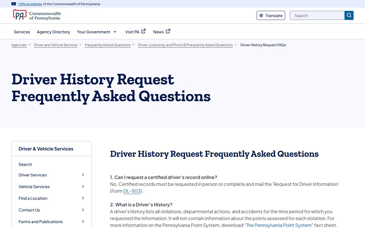 Juniata County traffic court records PennDOT driver history FAQ