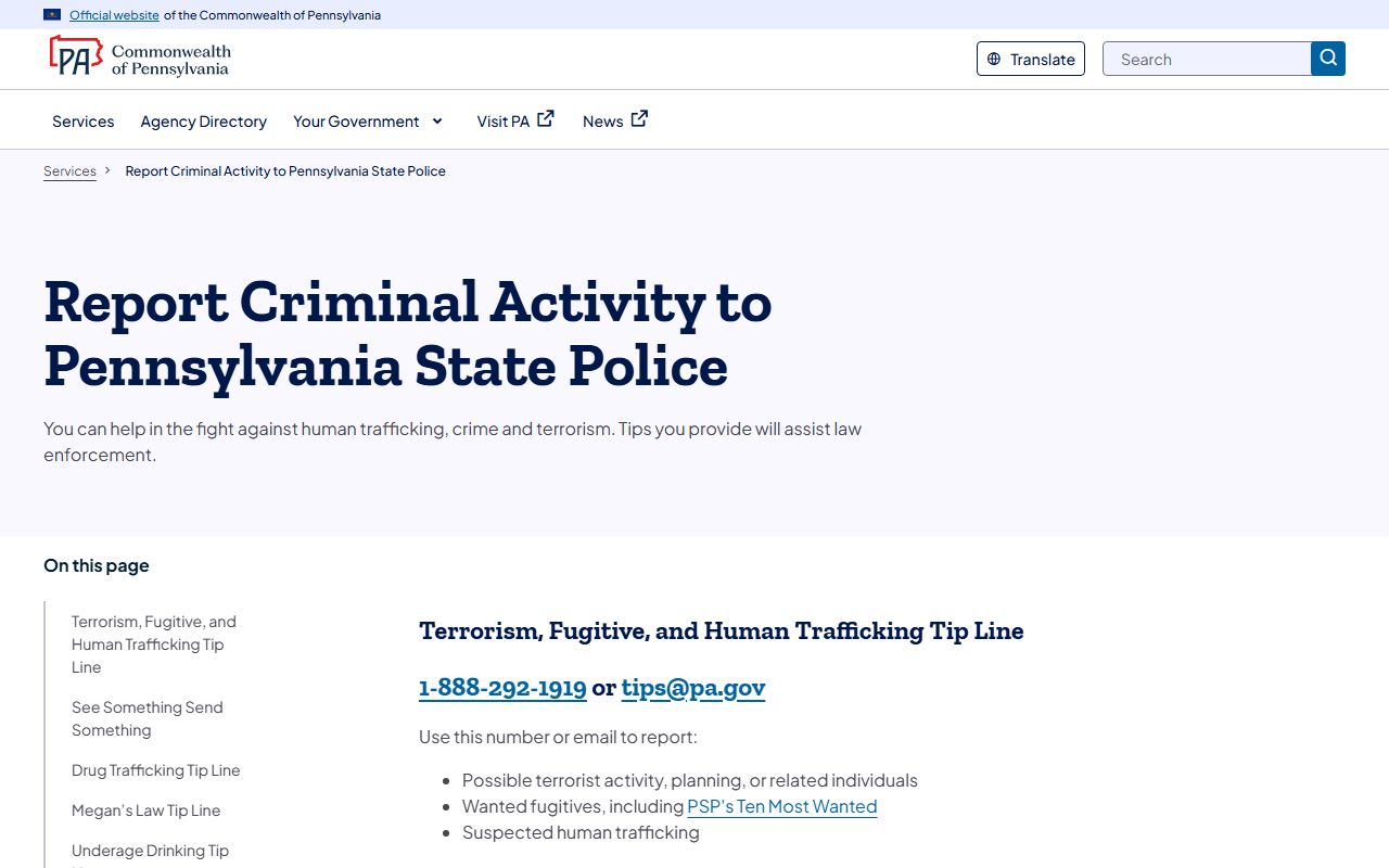 Juniata County warrant records Pennsylvania State Police tip reporting